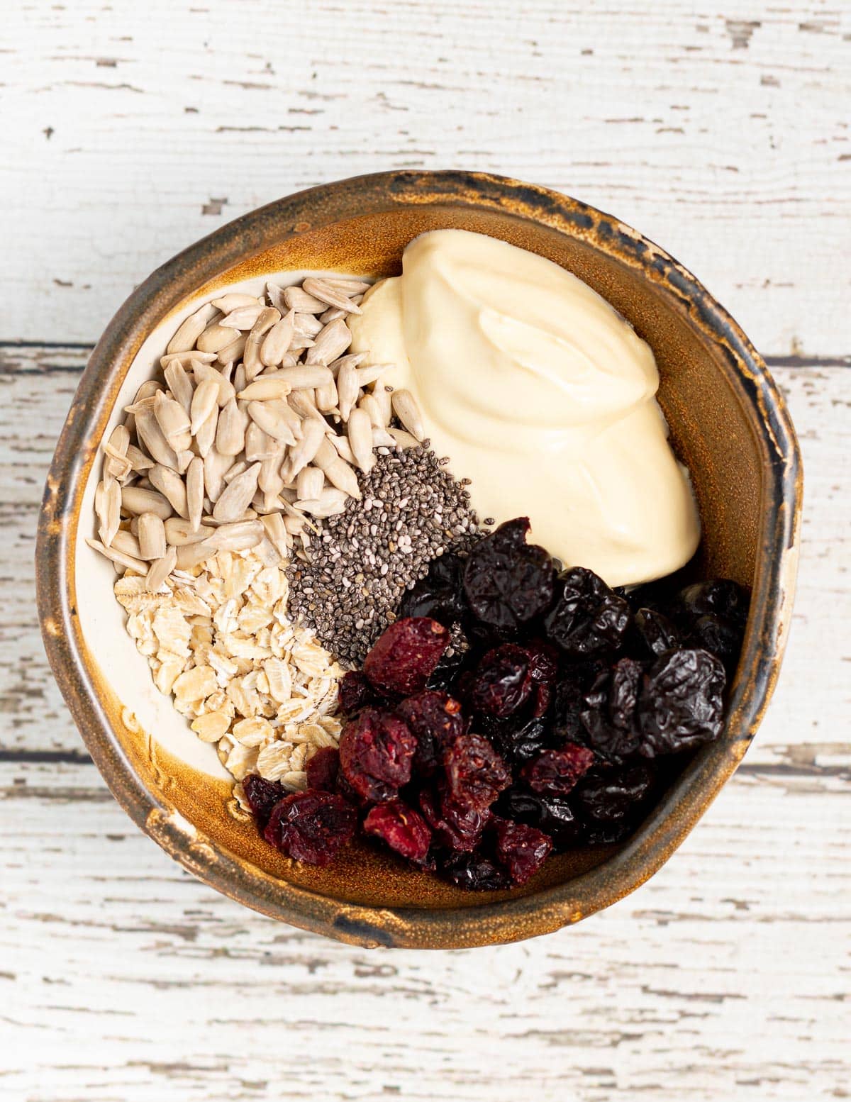 dried fruit, oats, seeds and yogurt in a bowl