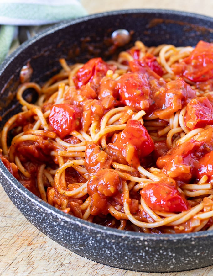 Cherry Tomato Sauce and spaghetti in a pan