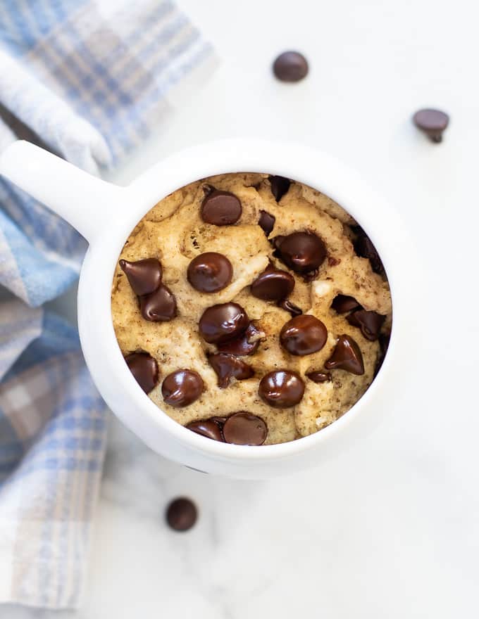 chocolate chip cookie in a mug from above 