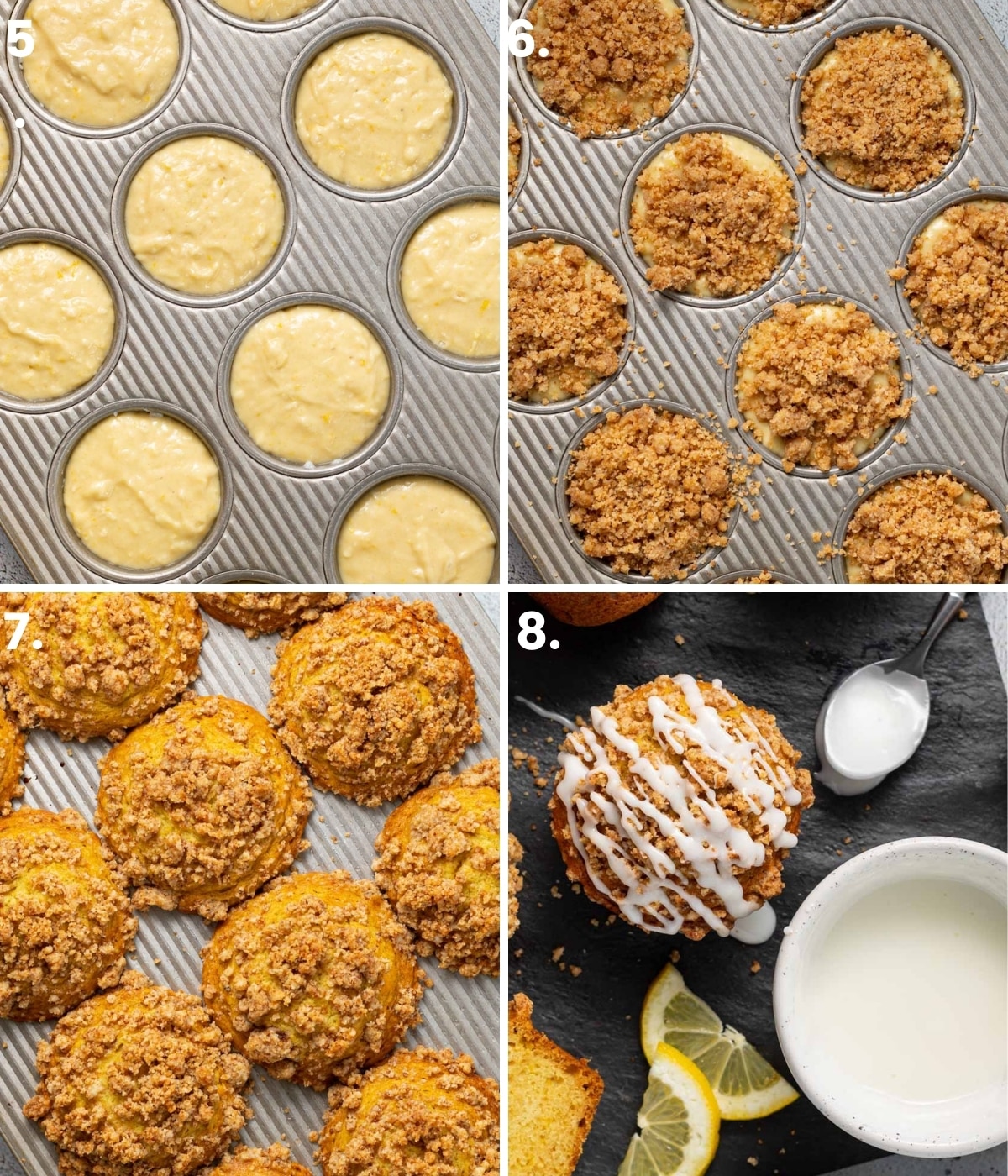 process shots of muffin batter in a pan, streusel added, then before and after baking