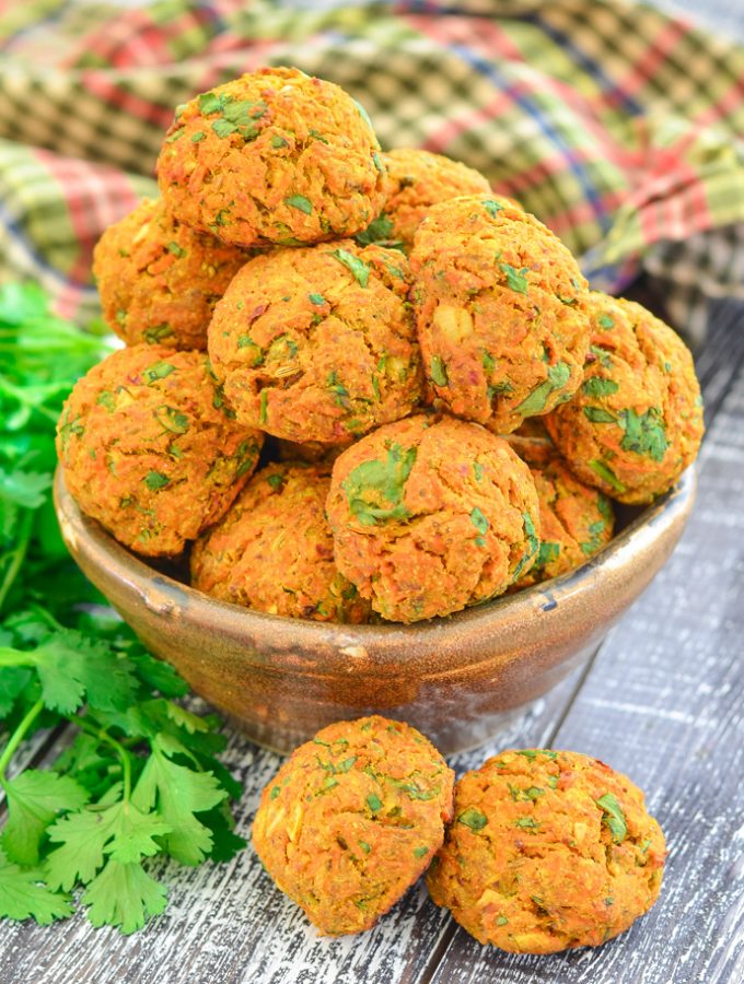 Curried Carrot Baked Falafel in bowl with cilantro