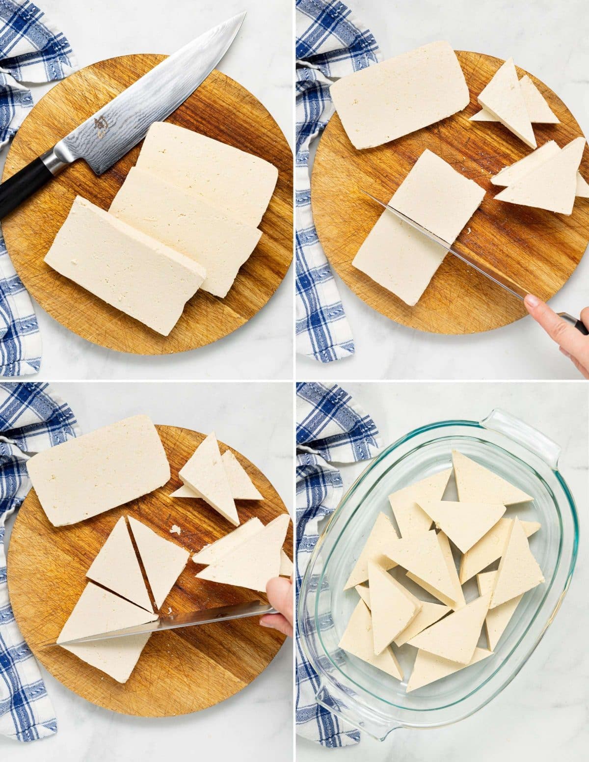 images showing how to cut tofu into triangles