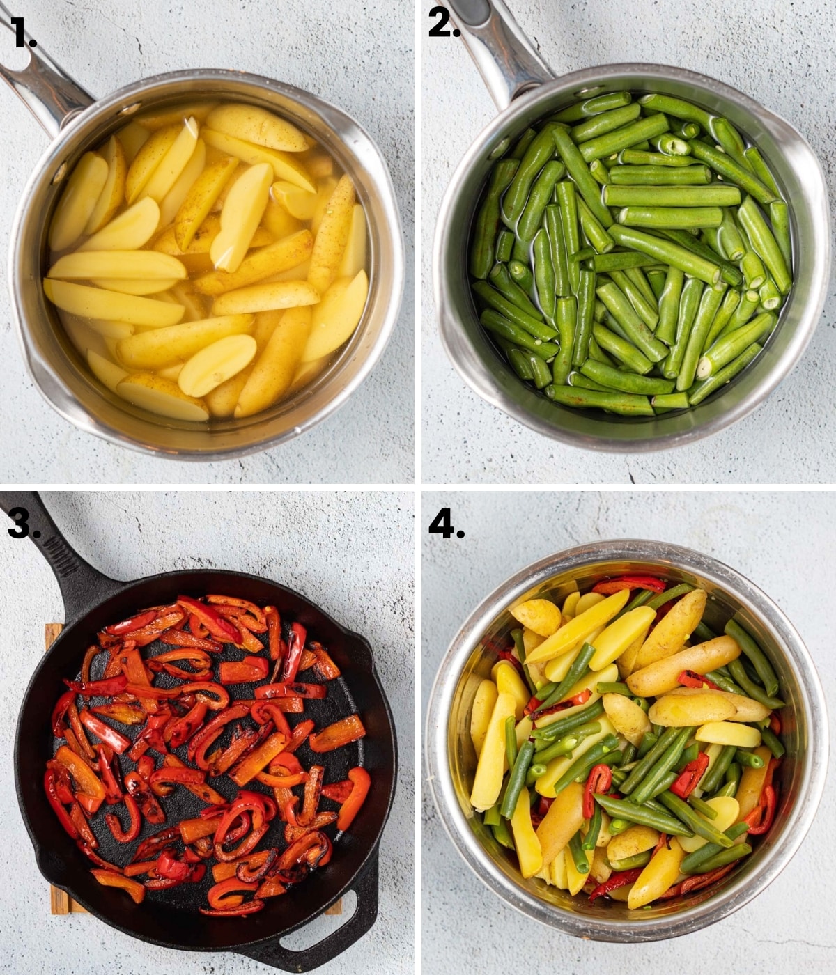 4 images: potatoes in a pan of water, green beans in a pan of water, red bell pepper slices charring in a pan, then all of them mixed up in a stainless steel bowl. 