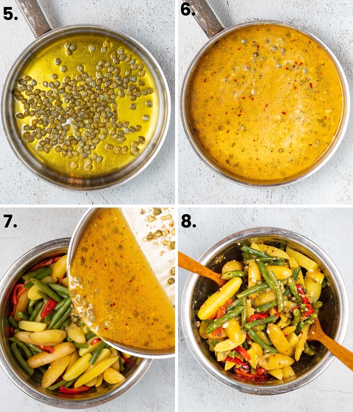 4 images: capers and olive oil in a pan, finished vinaigrette in a pan, pouring the vinaigrette over the potatoes, beans and peppers, tossing them together in a bowl. 