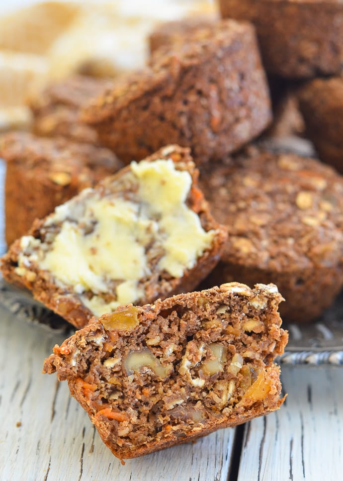 The inside of a hearty Healthy Carrot Muffin