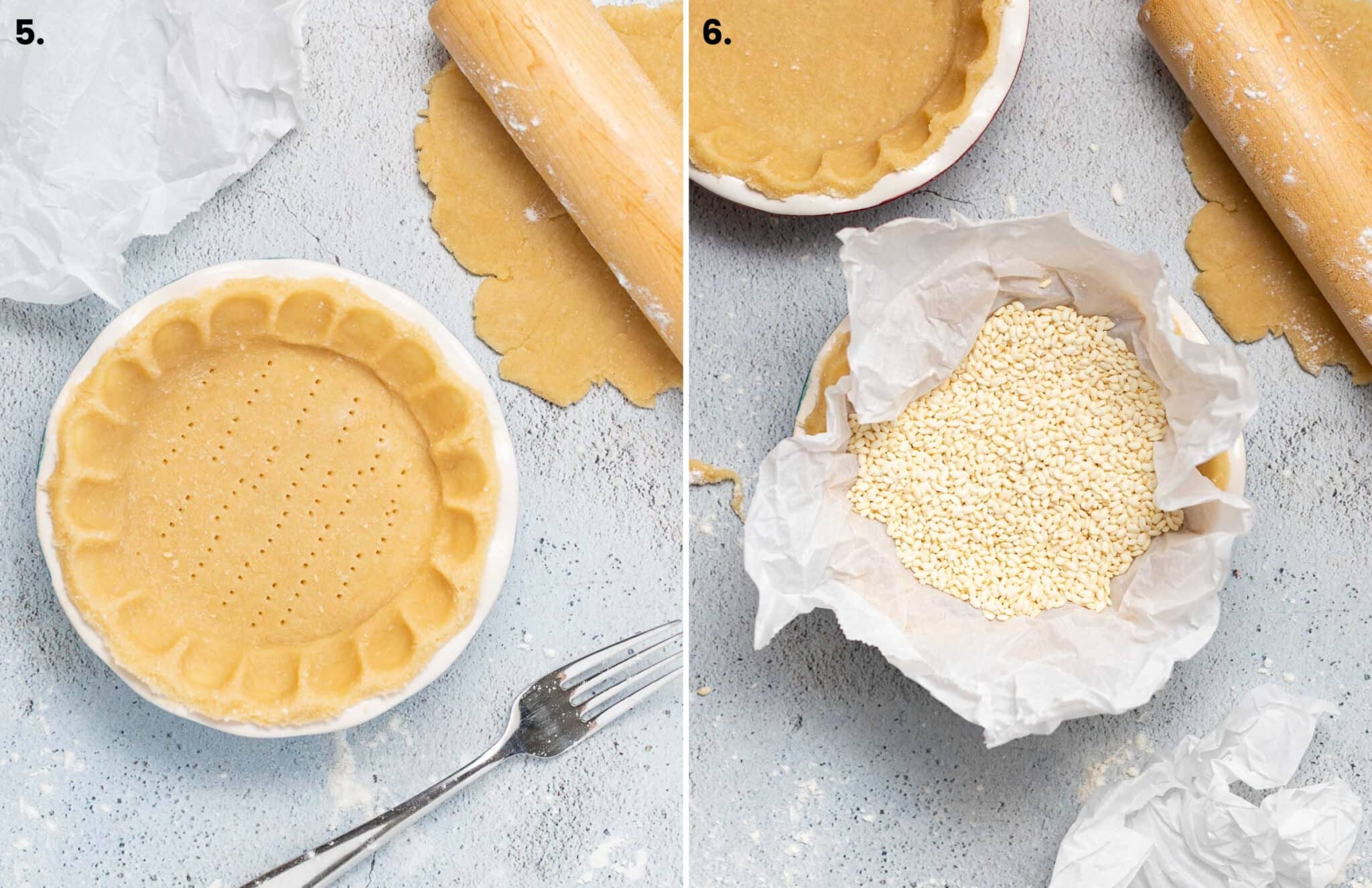 lining a pie crust with parchment paper and rice 