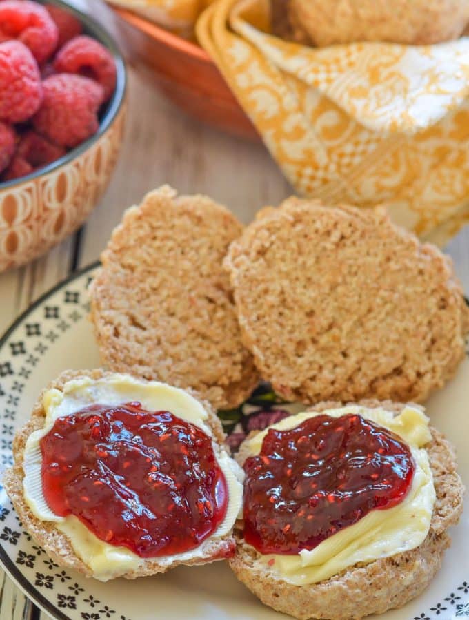 Healthy Vegan Biscuits with Almonds split, with butter and jam