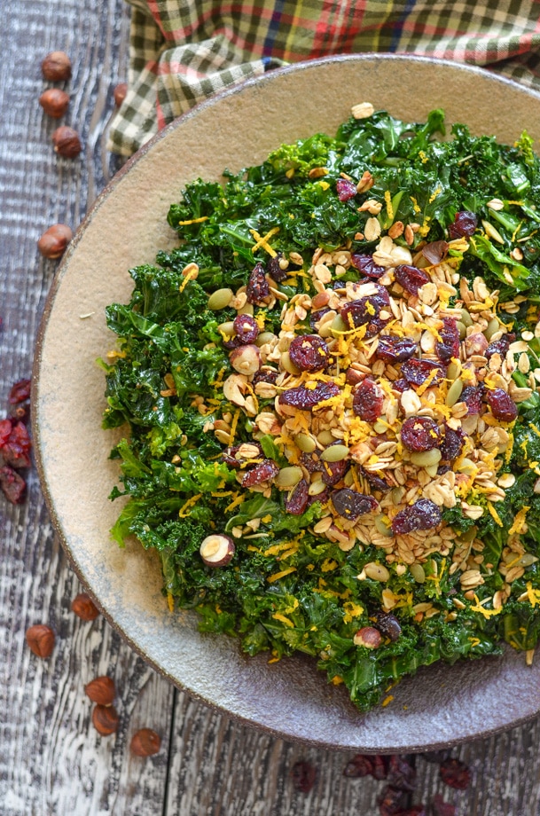 massaged kale salad with crispy, crunchy and chewy savoury granola topping