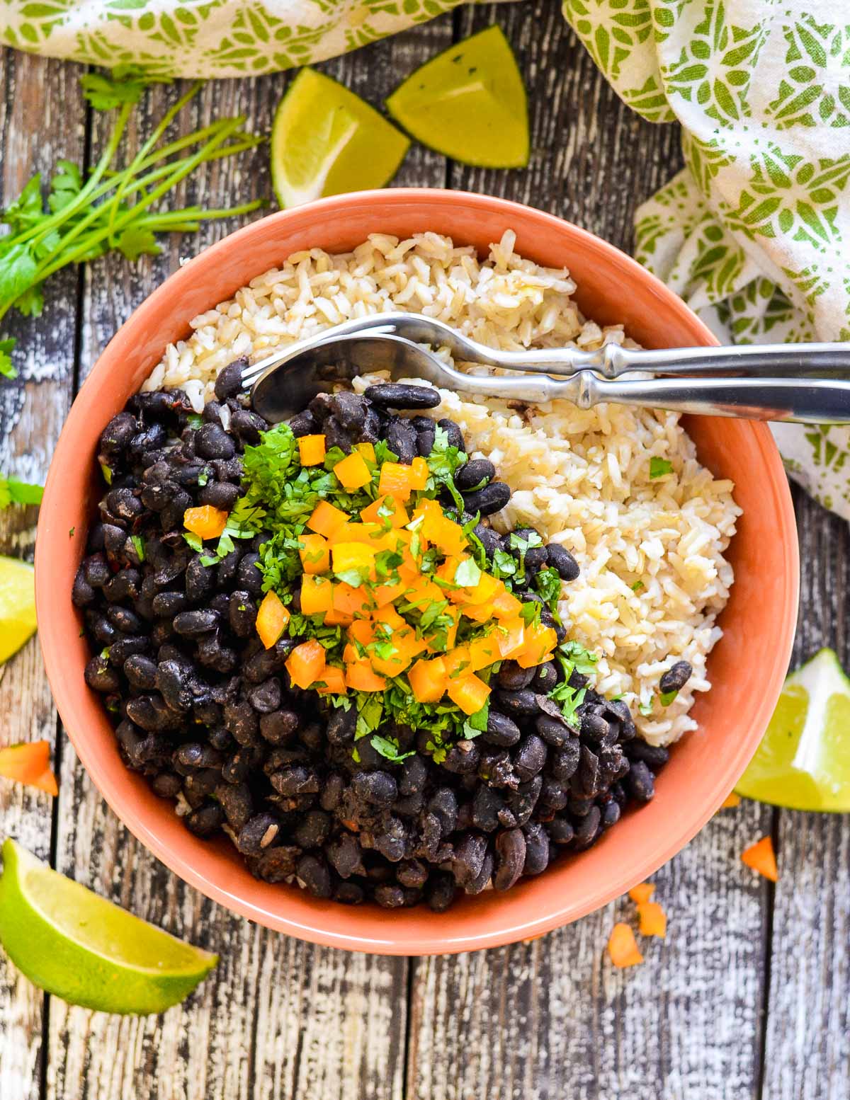 black beans over rice in a bowl