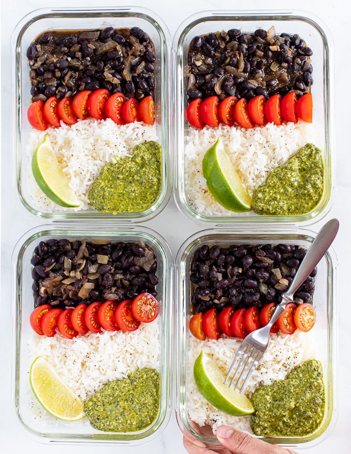 black beans with rice and green sauce