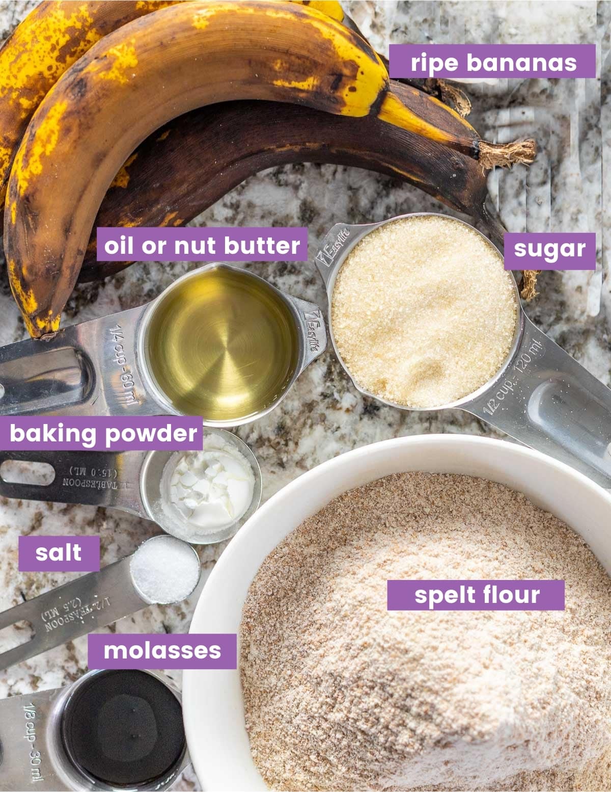 Ingredients for making spelt banana bread