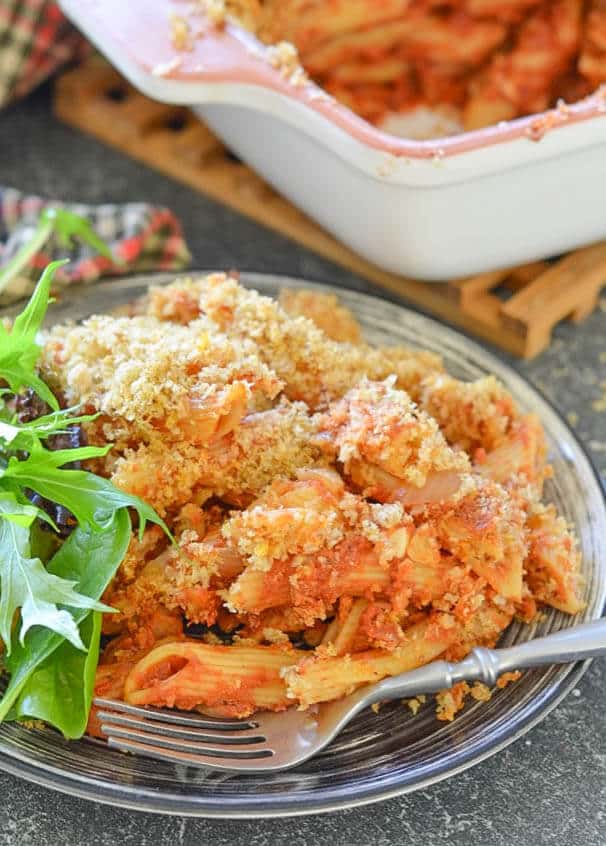 This Tomato Pasta Bake with Garlicky Crumb topping is a budget friendly, hearty & delicious meal that the whole family will love!