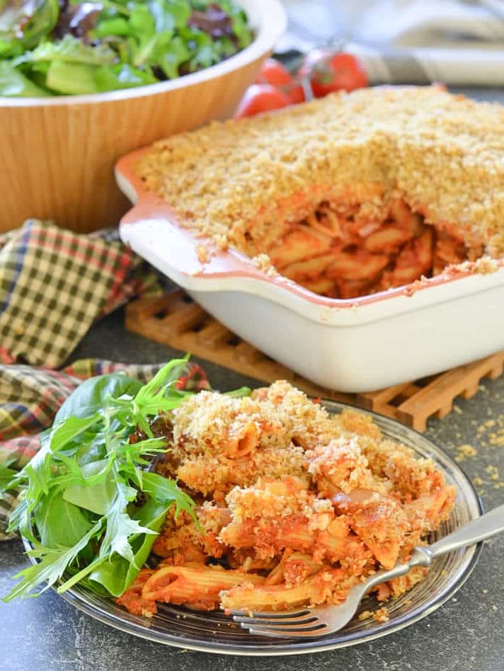 This Tomato Pasta Bake with Garlicky Crumb topping is a budget friendly, hearty & delicious meal that the whole family will love!