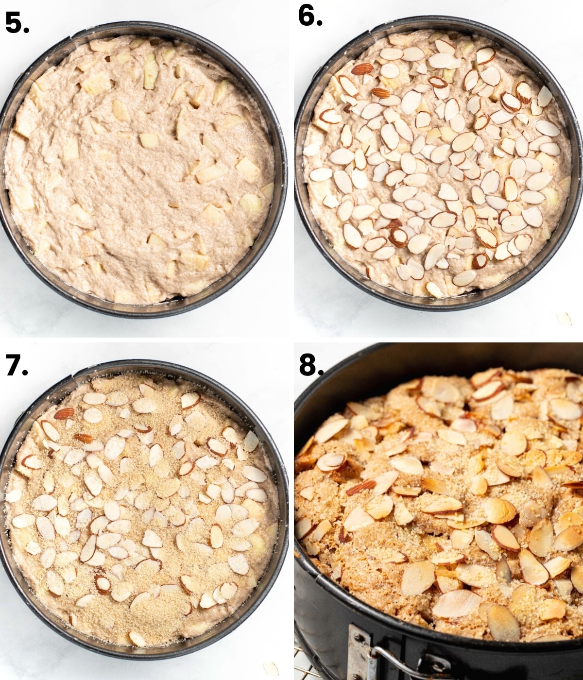 process photos of how to top the cake with sugar and almonds