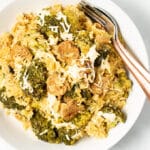 a bowl of Vegan Broccoli Rice Casserole in a white bowl
