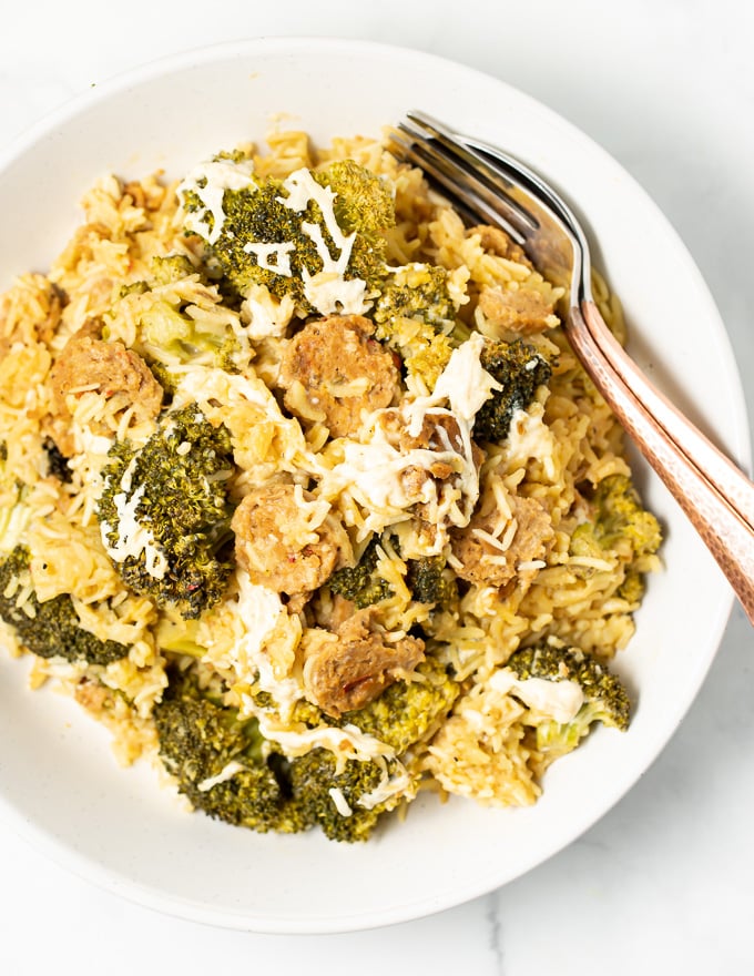 a bowl of Vegan Broccoli Rice Casserole in a white bowl
