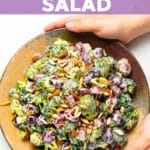 This Vegan Broccoli Salad is made with a delicious blend of broccoli, red grapes, toasted slivered almonds and a tangy, creamy dressing. It's perfectly crunchy, creamy, sweet and savoury and great for making ahead!