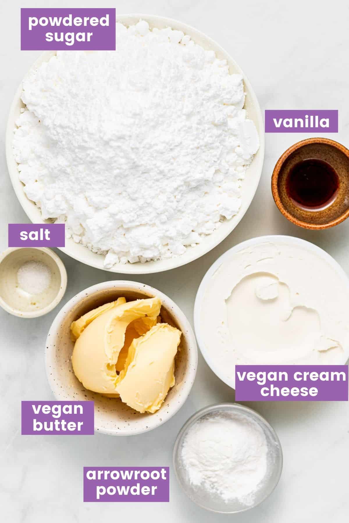 ingredients for vegan cream cheese frosting as per written list. 