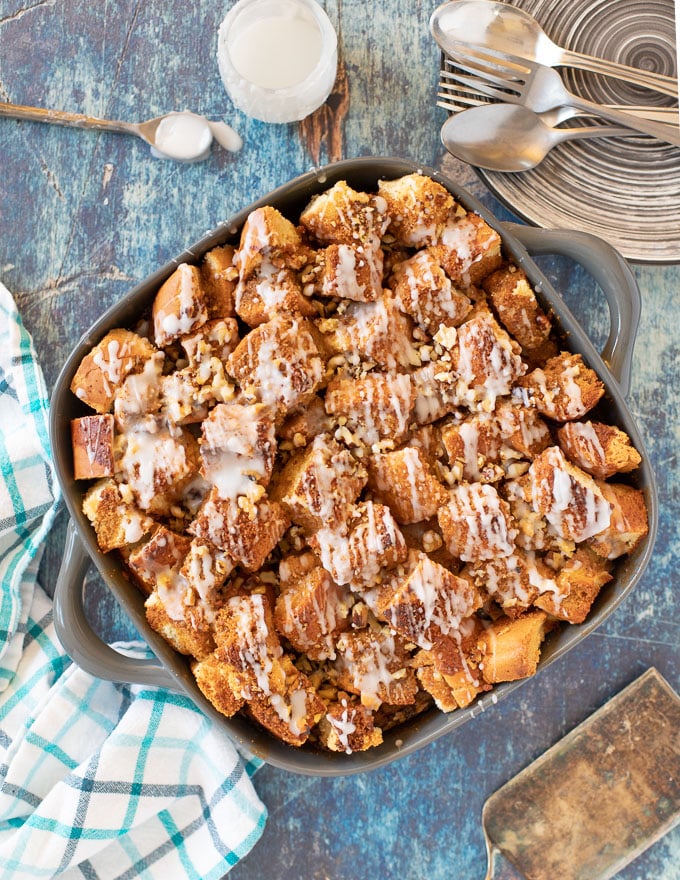 Vegan French Toast Casserole in a dish, taken form above