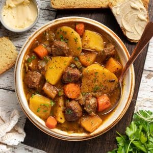 a bowl of vegan Irish stew