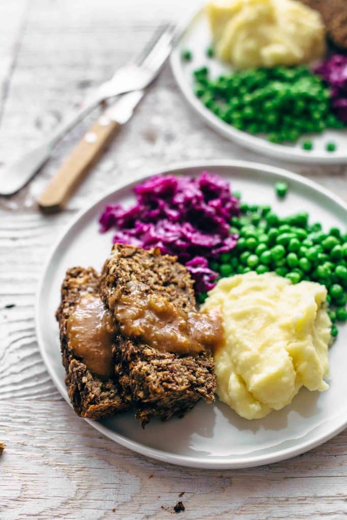 vegan meatloaf with gravy on a plate 