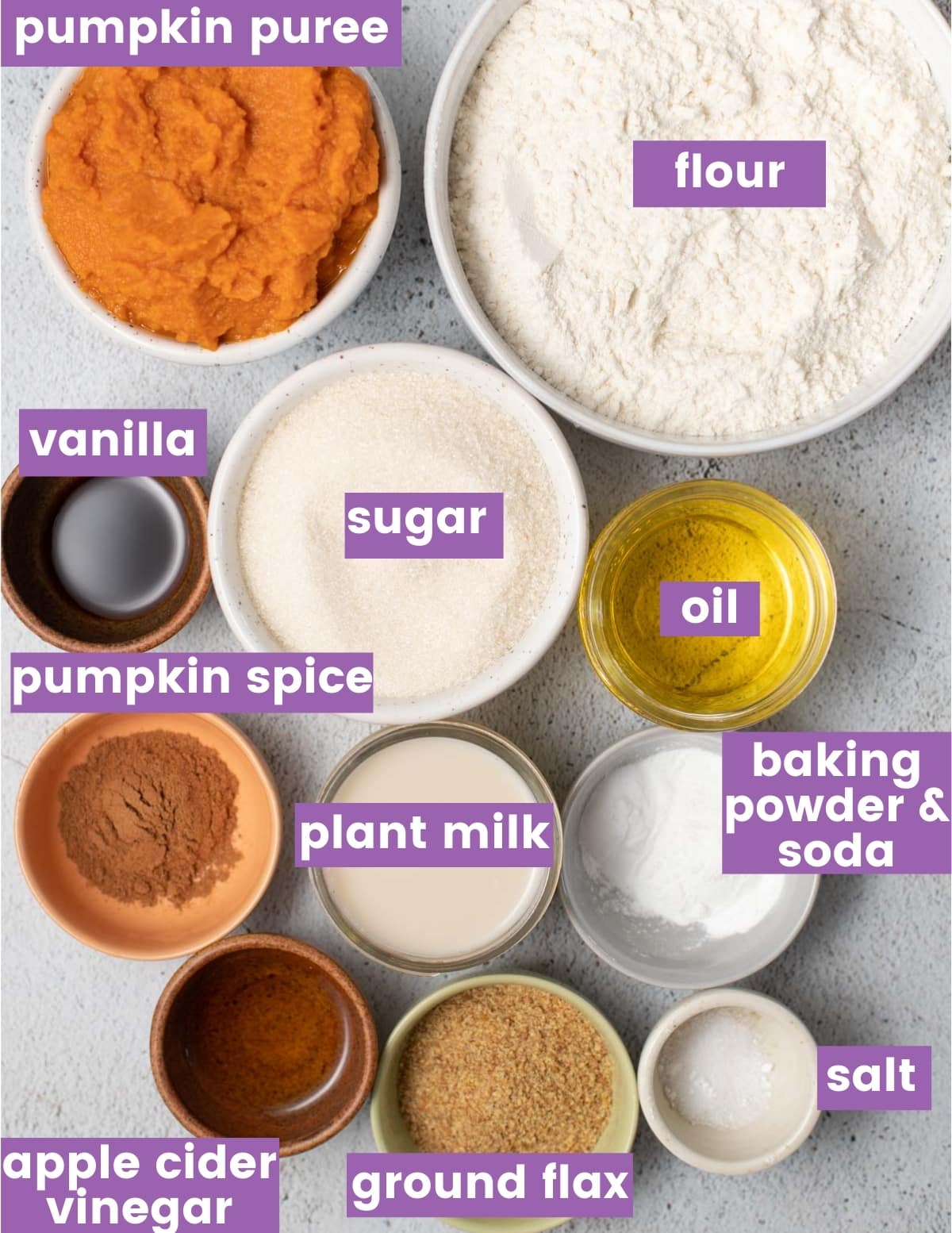 ingredients for making vegan pumpkin muffins as per the written ingredient list