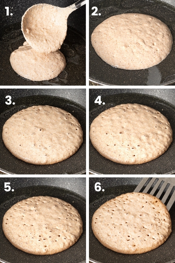 step by step images of a pancake cooking in a pan