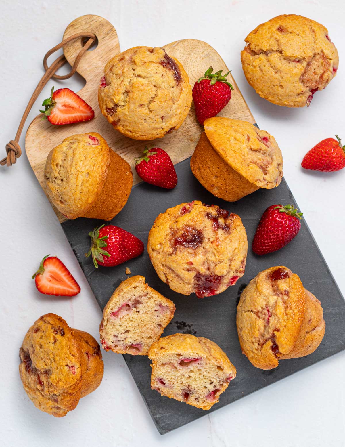 strawberry muffins on a slate board