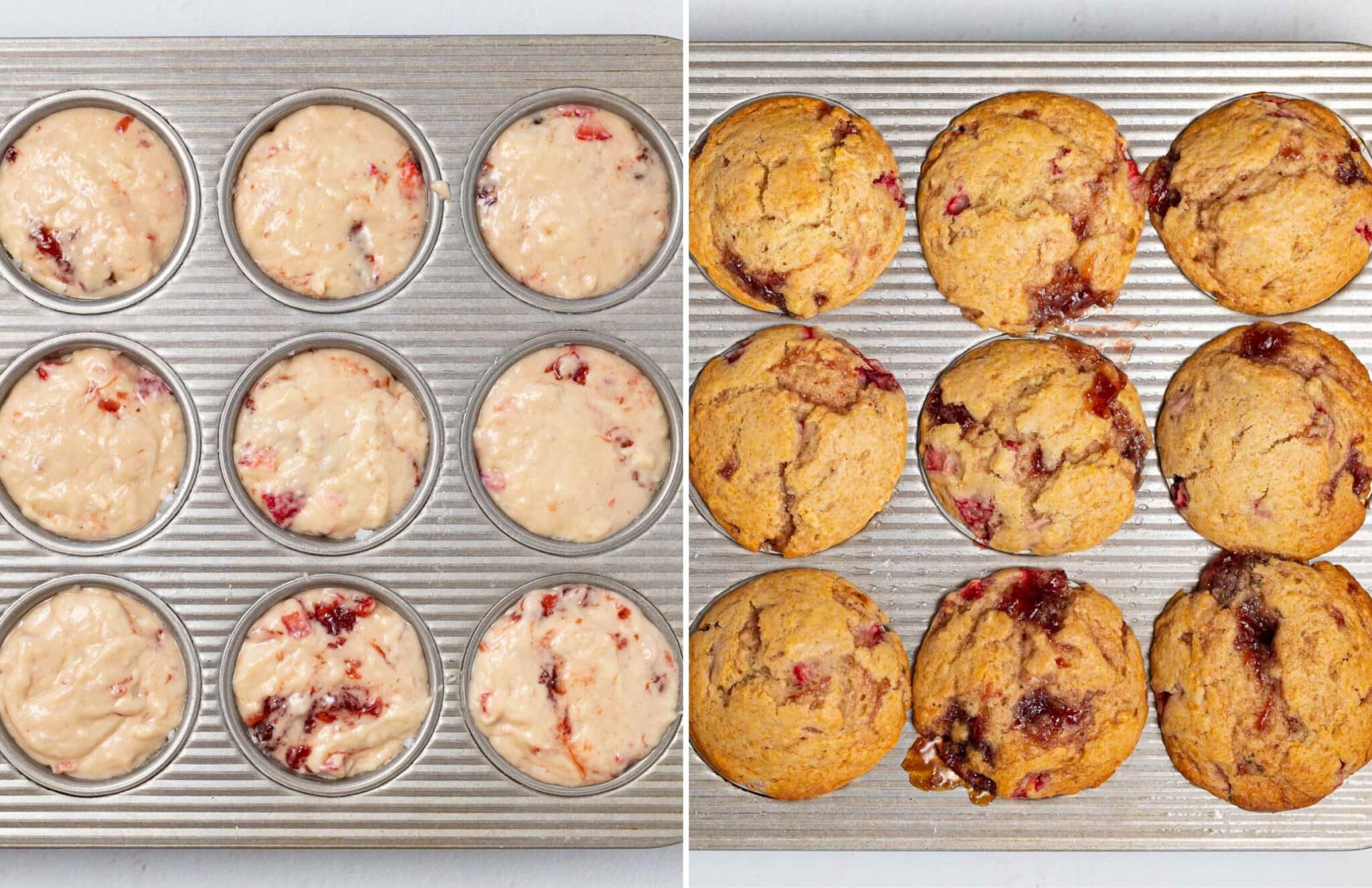 vegan strawberry muffins before baking and after baking