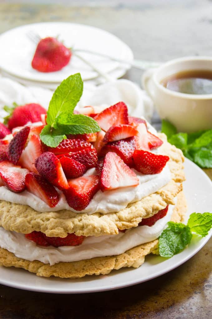vegan strawberry shortcake with mint leaves for garnish