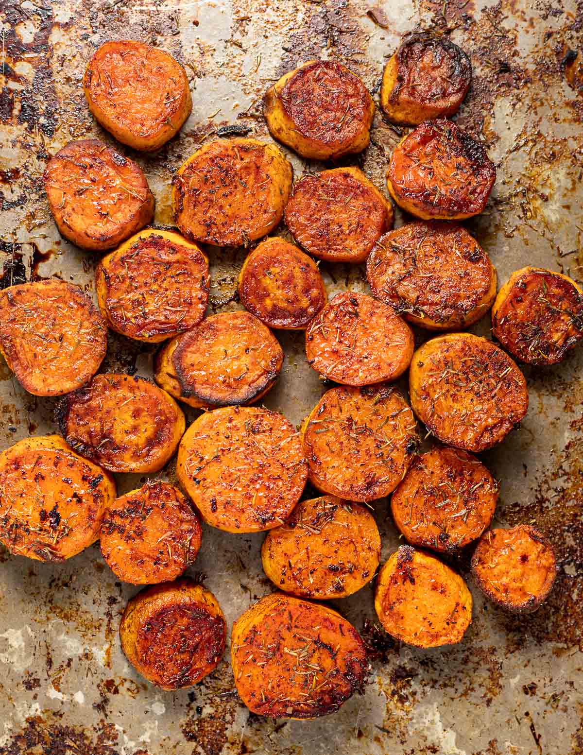 a tray of caramelized sweet potatoes