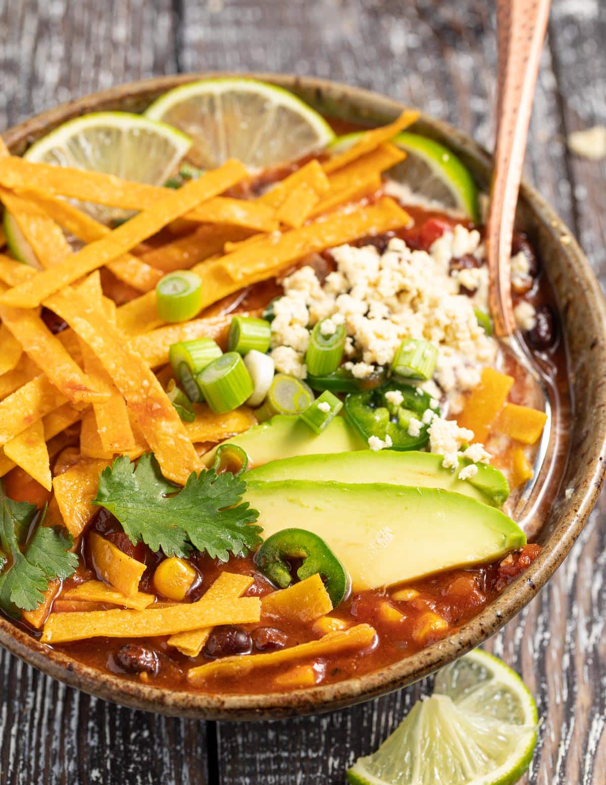 a close up photo of a bowl of vegan tortilla soup with toppings 