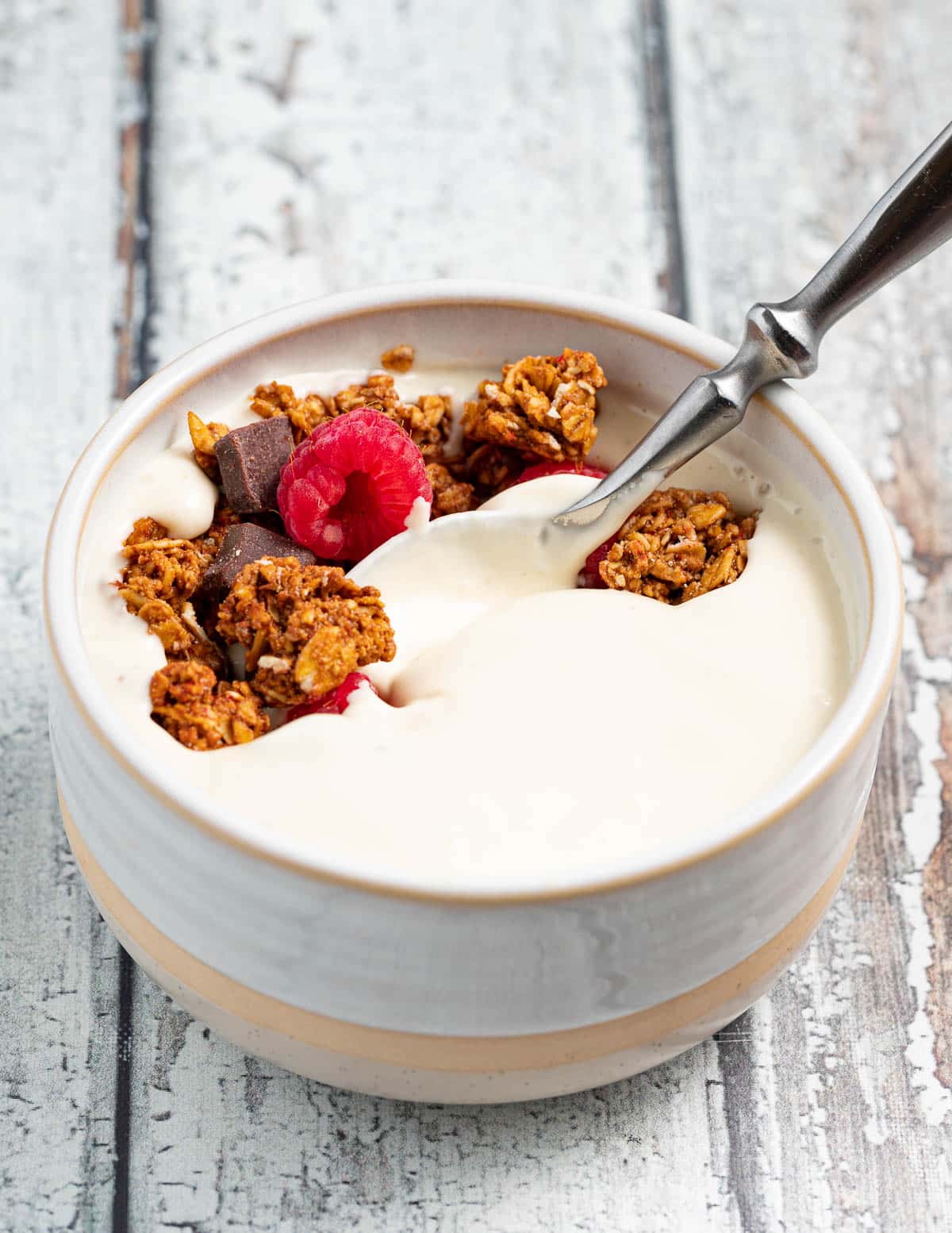 a large bowl of yogurt with chocolate granola and raspberries