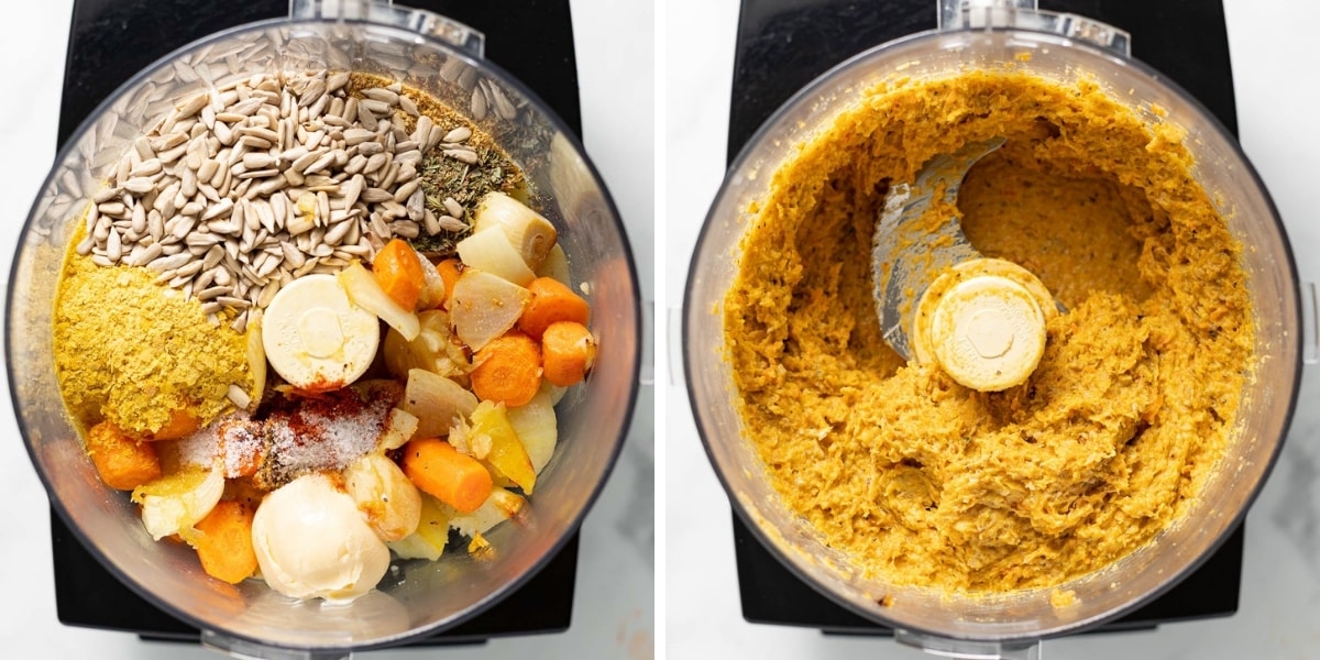 pate ingredients in a food processor, before processing and after side by side