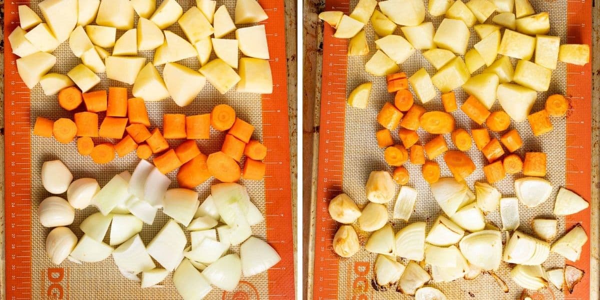 chopped carrots, onion, potatoes and garlic on a tray uncooked and cooked side by side