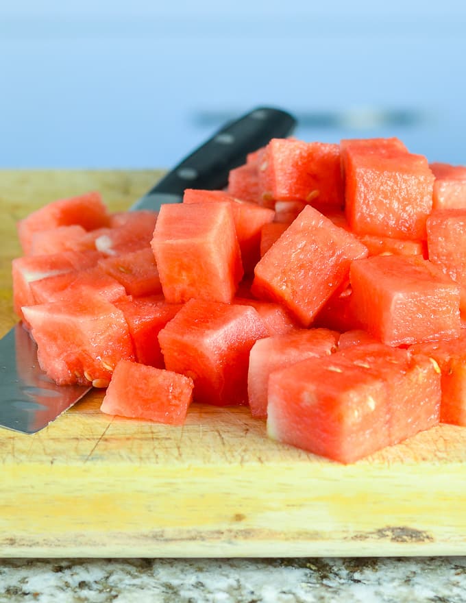 chopped watermelon ready to make Watermelon Mint Salad