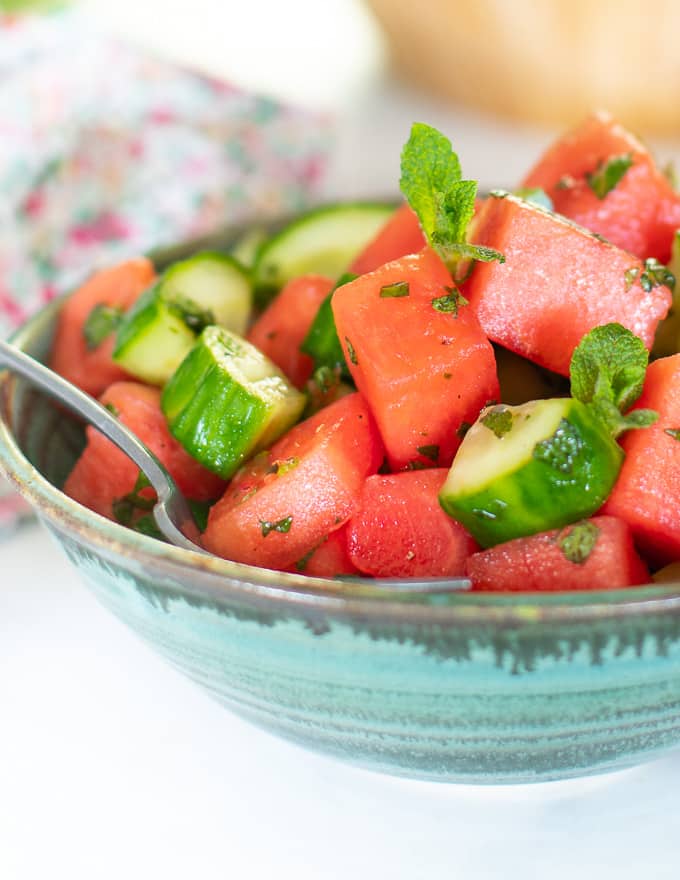close up shot of a watermelon mint salad 