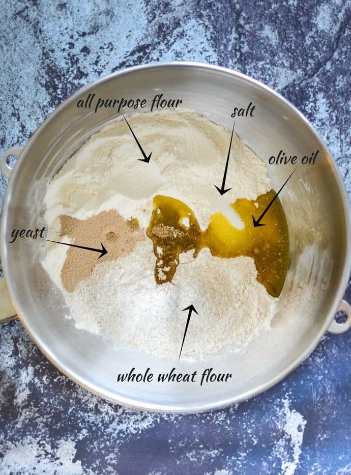 easy whole wheat bread ingredients in a bowl with labels pointing out one out